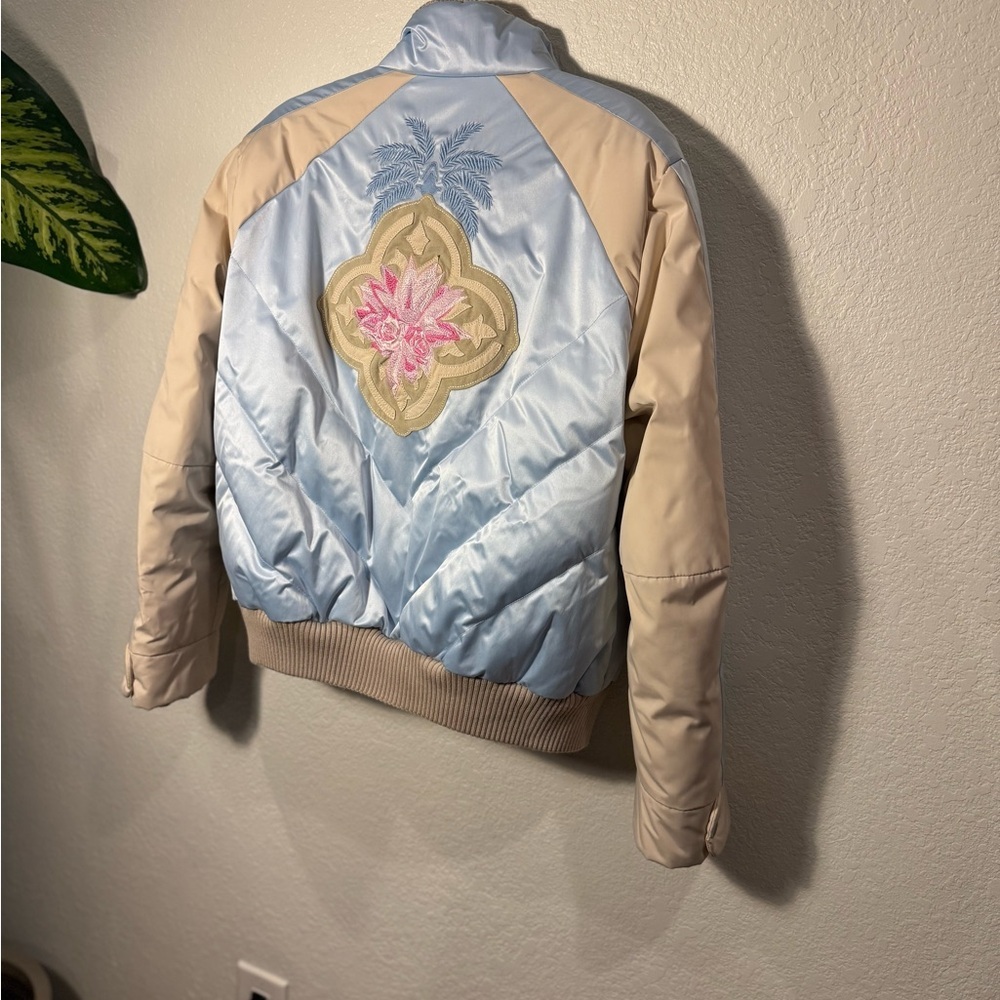 BOGNER Cream Blue Goose Down Floral Embroidered Zip Front Quilted Ski Jacket 10 - Picture 7 of 12